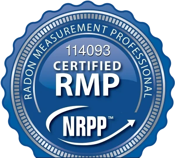 Certified Radon Measurement Professional badge, expiration 2026.